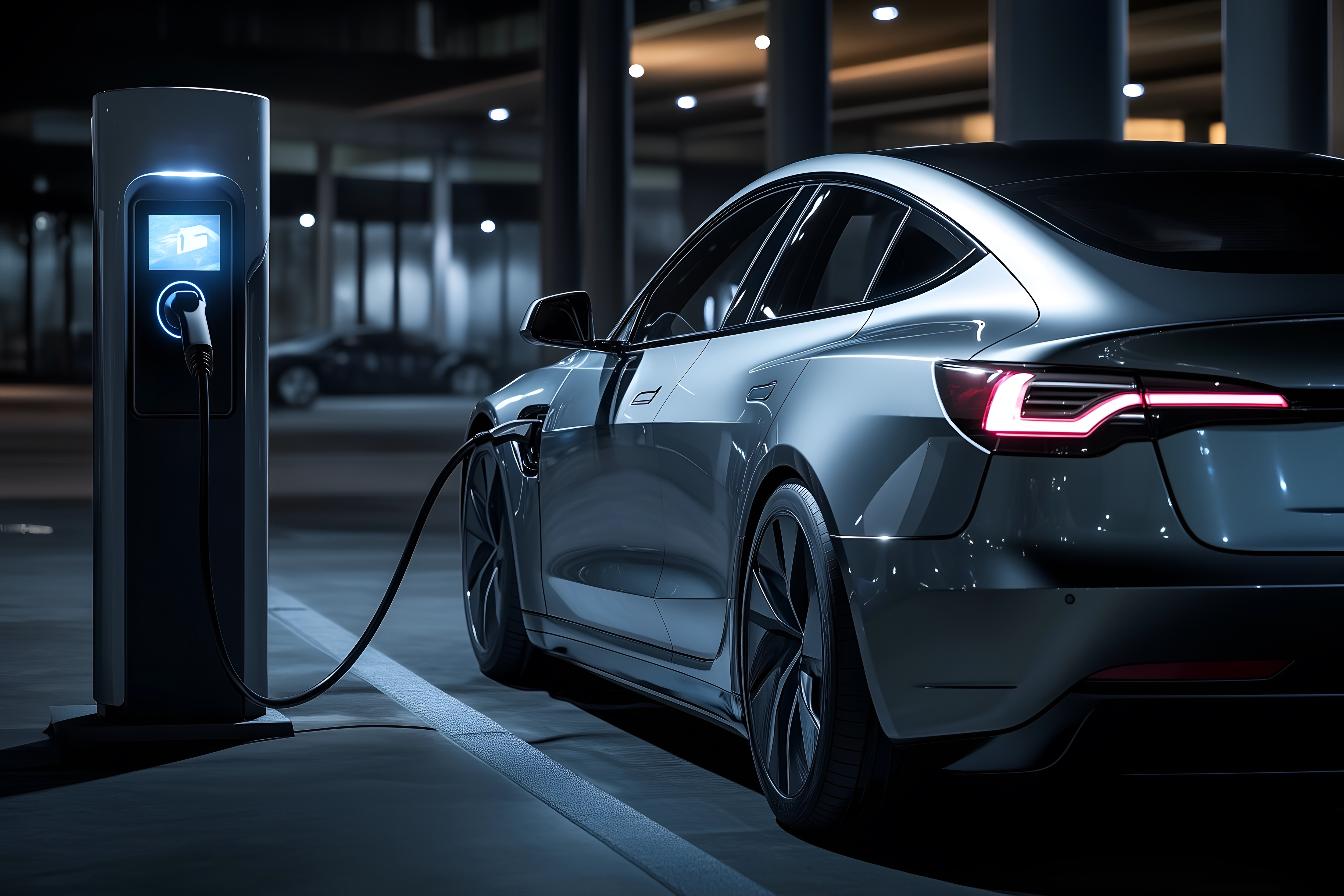 An electric vehicle is connected to a charging station, highlighting the modern and eco-friendly technology.