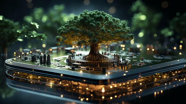 Green natural eco-friendly tree and computer technology on an abstract high-tech futuristic background of microchips and computer circuit boards with transistors.